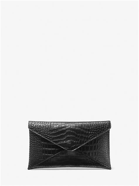 Mia Crocodile Embossed Leather Envelope Clutch 